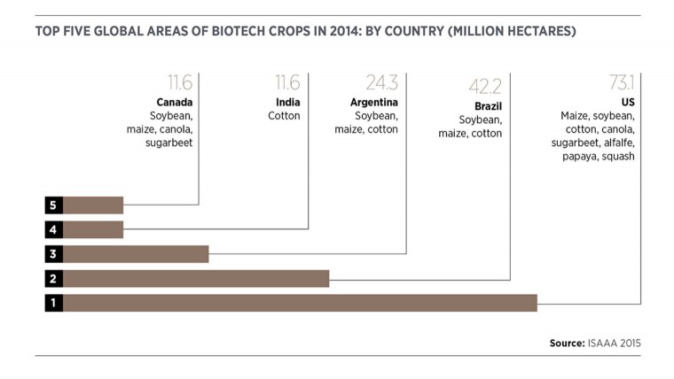Top 5 areas of biotech crops in 2014