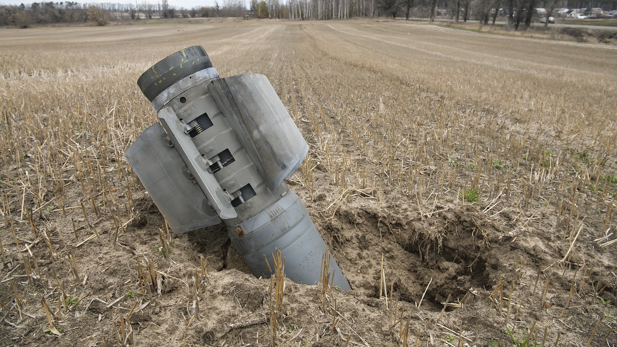 Detail of a rocket missile on the agricultural field near Kyiv area, Ukraine, 06 April 2022 (Photo by Maxym Marusenko/NurPhoto via Getty Images)