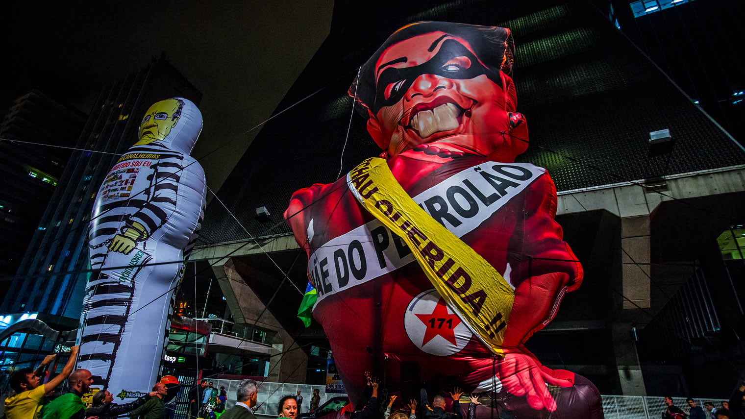 Giant balloons depicting Dilma Roussef and former president Inacio Lula Da Silva during protests in Sao Paulo in April