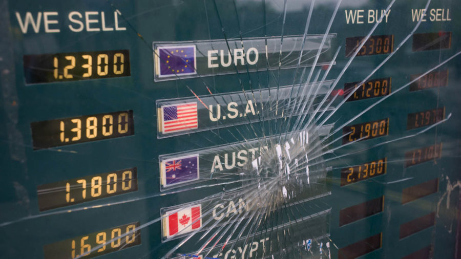 Smashed currency exchange rate board