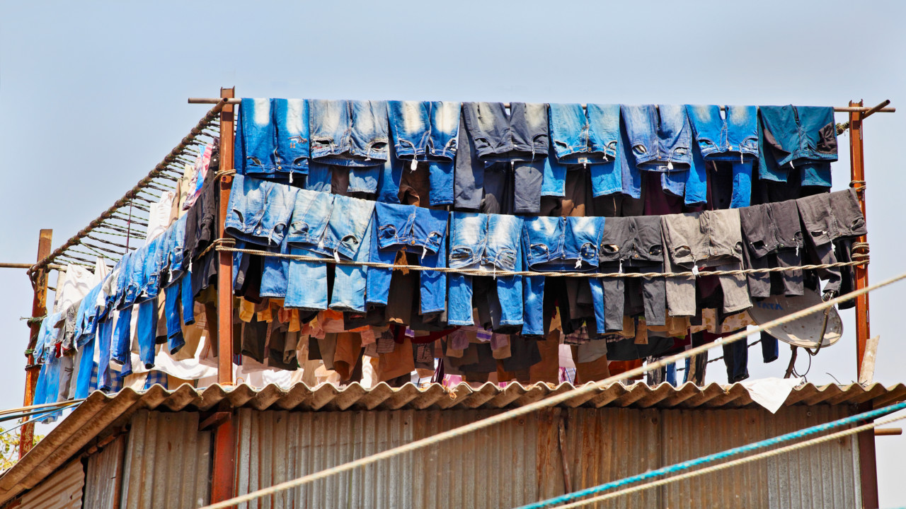 jeans hanging out to dry