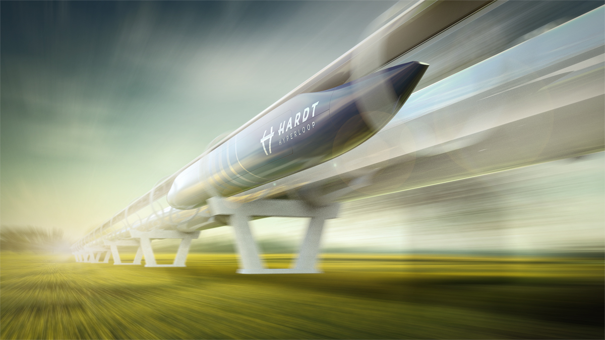 Artist͛s impression of Hardt Hyperloop high-speed transport moving across fields at high speed