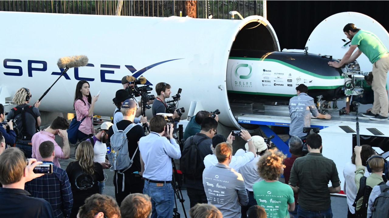 Prototype pods for the Hyperloop transportation system on display in California last year; the technology hopes to move passengers and freight up to 1,200km per hour, but is still some distance away from commercial development