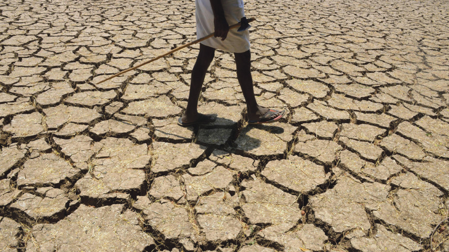 Child walking on cracked land in drought