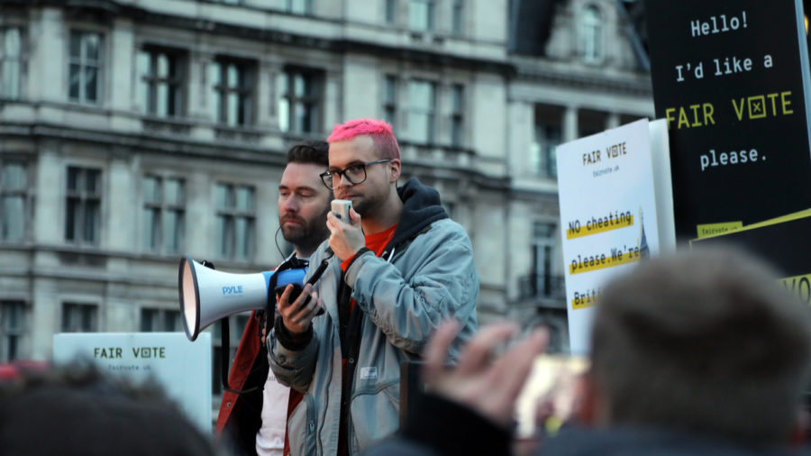Brexit campaign whistle-blower Christopher Wylie speaking at the Fair Vote rally outside the House of Commons on Parliament Square, central London.