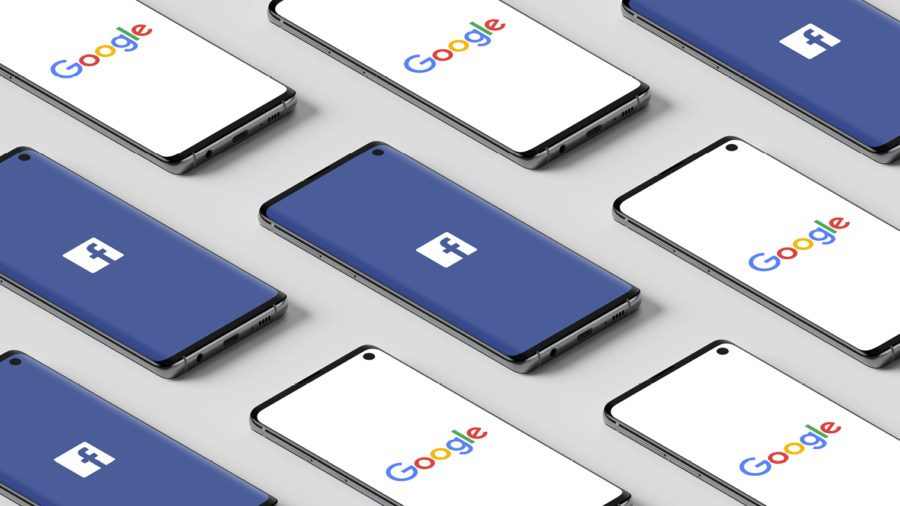phones with Google and Facebook on screen