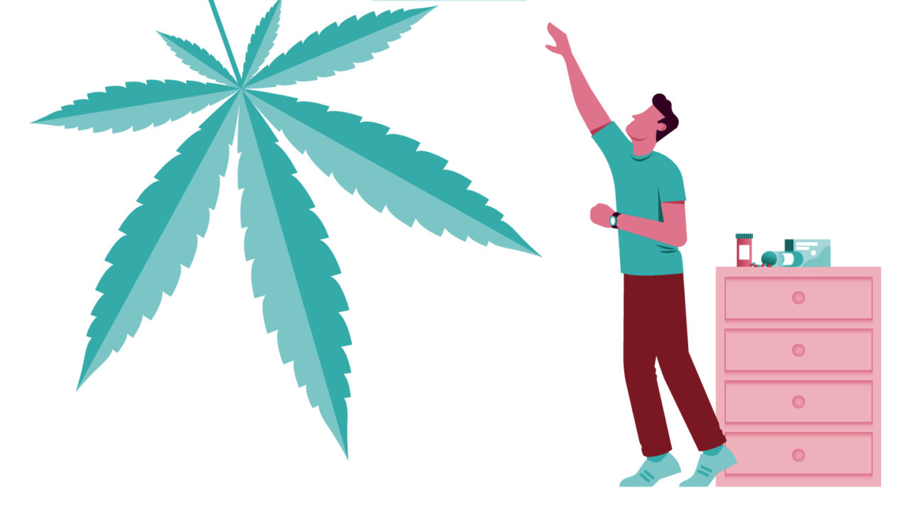 illustration man reaching for cannabis leaf