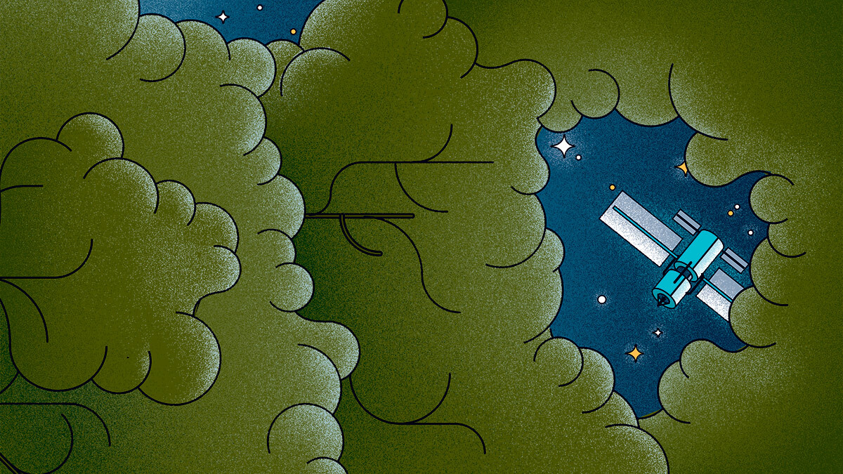 illustration of space satellite in the sky visible through trees