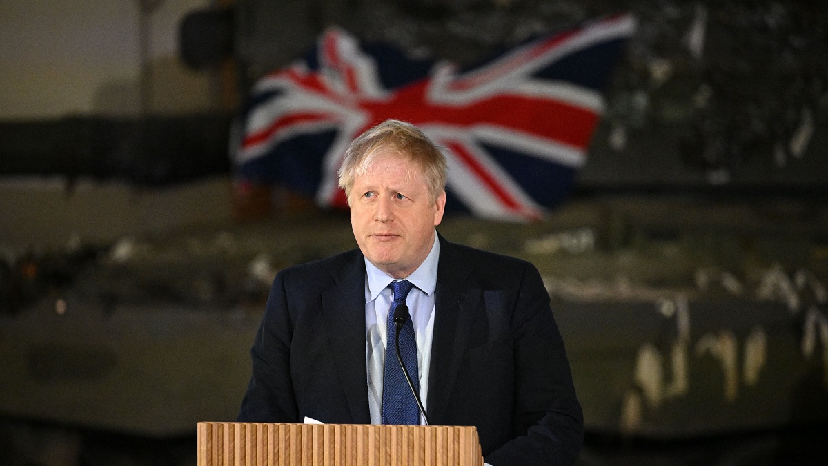 British Prime Minister Boris Johnson speaks during a joint press conference with Prime Minister of Estonia and Secretary General of NATO at the Tapa Army Base on March 1, 2022 in Tallinn, Estonia. - British Prime Minister Boris Johnson said on a visit to Poland on March 1, that the West would keep up sanctions pressure on Russian President Vladimir Putin's regime indefinitely after it invaded Ukraine (Photo by Leon Neal / POOL / AFP) (Photo by LEON NEAL/POOL/AFP via Getty Images)