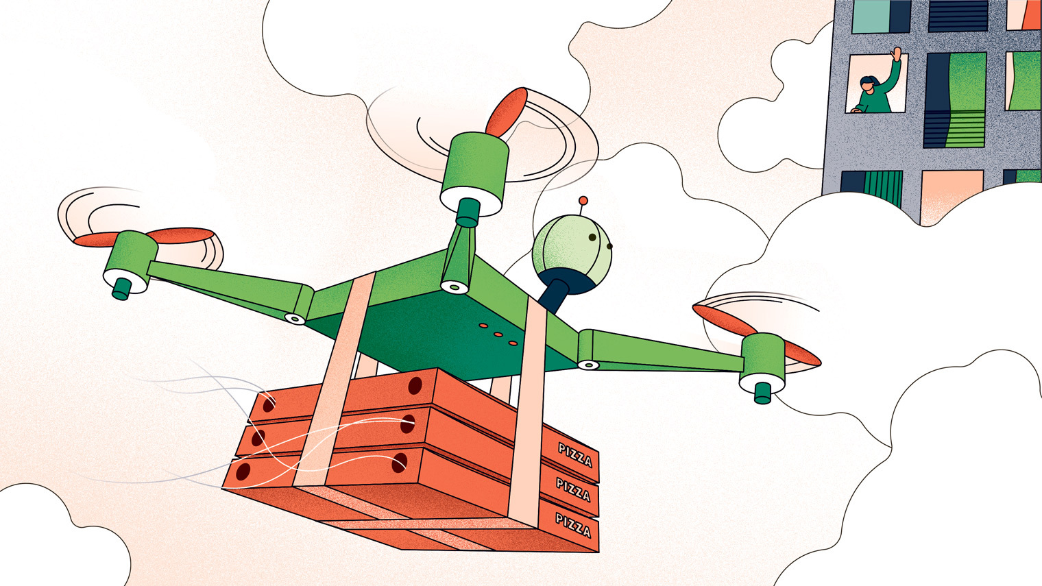 illustration of a drone delivering pizza