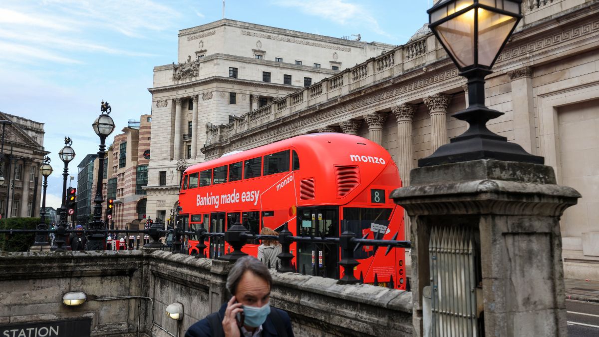 Advertisement for challenger bank Monzo on the side of a London bus