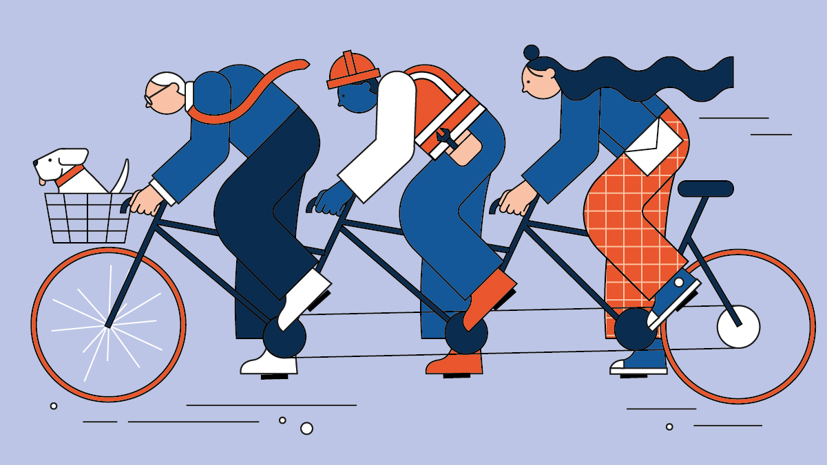 An illustration of workers cycling to work