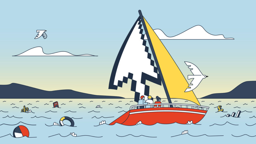 Illustration of a sailboat, with a mouse pointer as one of the sails