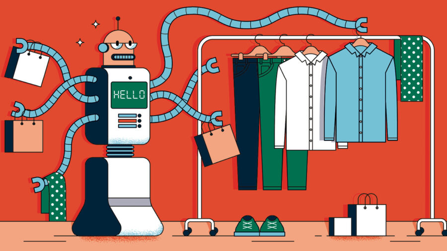 Illustration of a robotic assistant juggling tasks in a clothing store