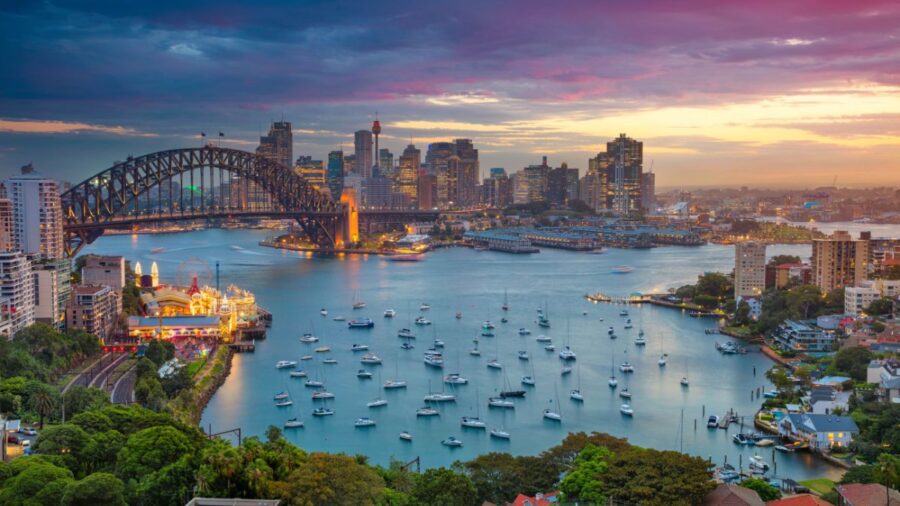 Cityscape Image Of Sydney Australia With Harbour Bridge And Sydney Skyline During Sunset