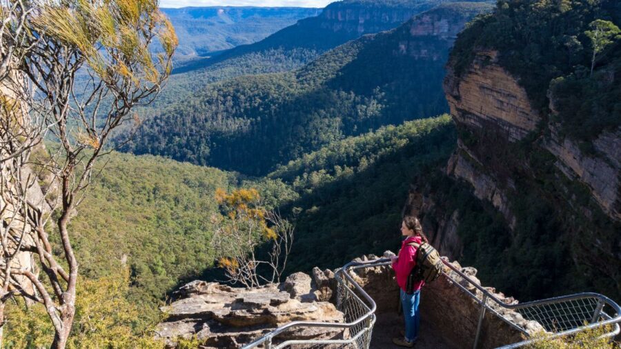 Woman Looking On Vast Mountain Landscape From Lookout Observation Deck On Wentworth Falls Hiking Trail. Blue Mountains National Park Nsw Australia