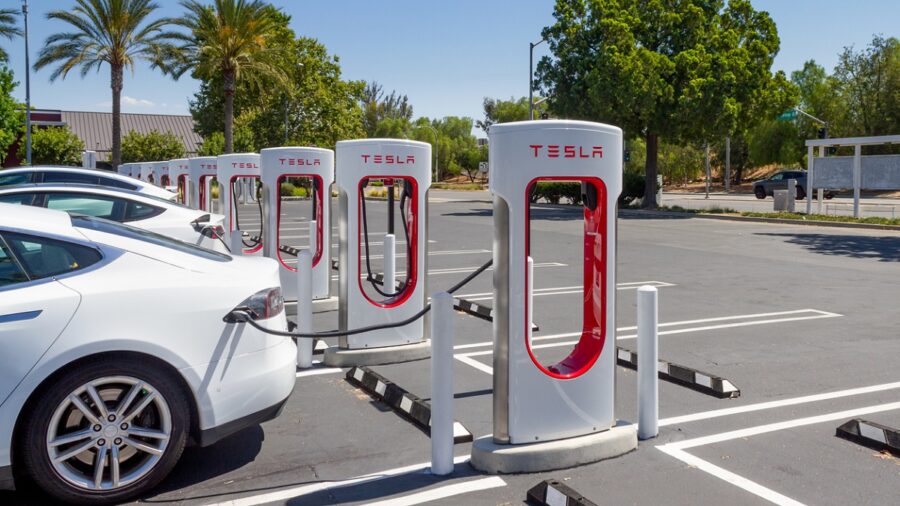 Tesla Charging At Tesla Supercharger Station At The Brea Mall