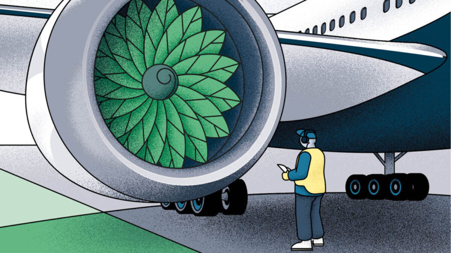 An illustration of a jet engine, where the propellers are green leaves