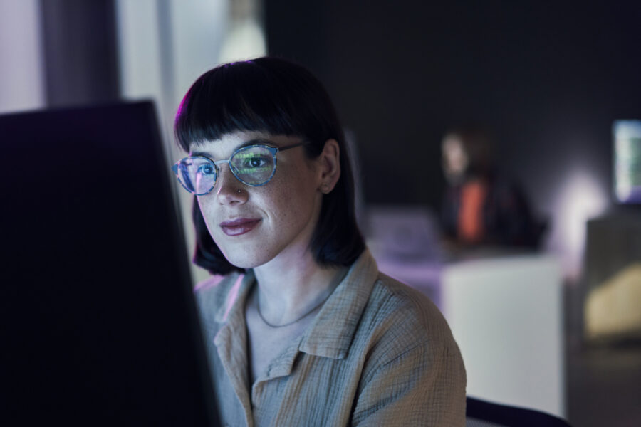 Business Woman, Computer Seo Work And Coding Of Young Employee With Crypto And Glasses. Digital Code, Female Face And Reading Of A It Employee At Night Planning With Online Hacker And Ai Data