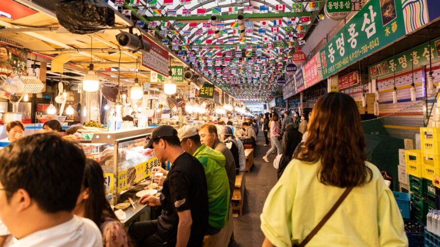 Seoul South Korea April 10 2022 Inside Of The Gwangjang Market In Seoul. People Shopping Korean Food At Gwangjang Market