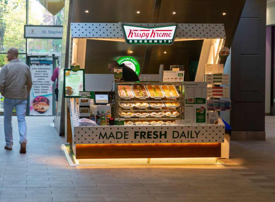 Krispy Kreme Doughnuts Stall In Buttermarket Shopping Center, Ipswich, Suffolk, England, Uk
