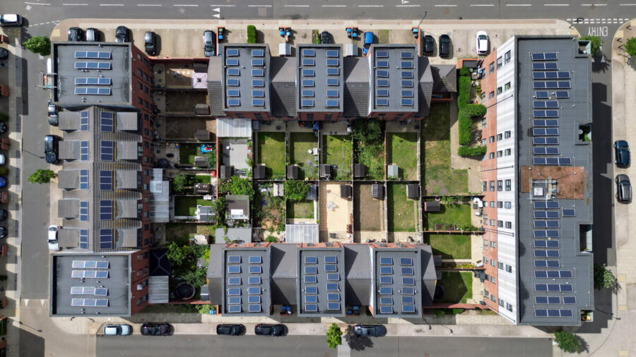 Overhead aerial view of modern sustainable housing development in North London